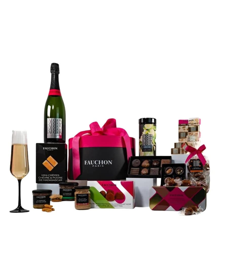 Coffret prestige sac rose Fauchon avec champagne